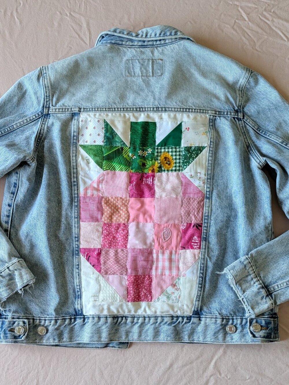 Jean Jacket with Quilted Vintage Strawberry Patch - Picture 1 of 5